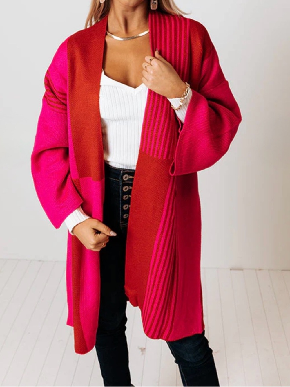 JODIFL Pink & Red Open-Front Colorblock Long Cardigan